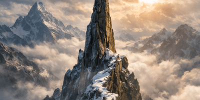 Climber standing on snowy mountain peak holding ice axe during sunrise