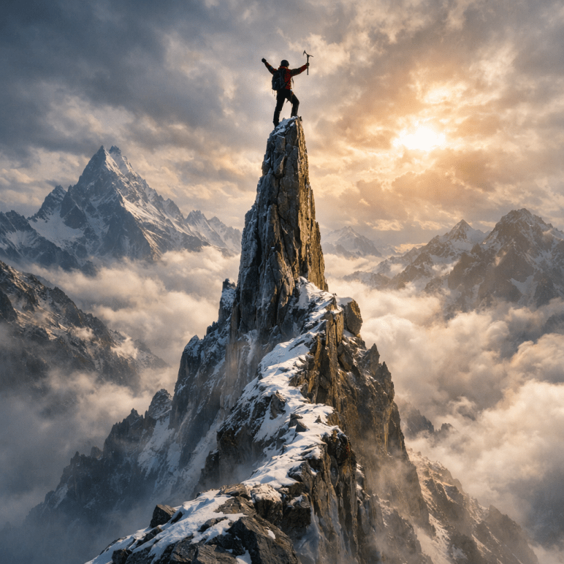 Climber standing on snowy mountain peak holding ice axe during sunrise